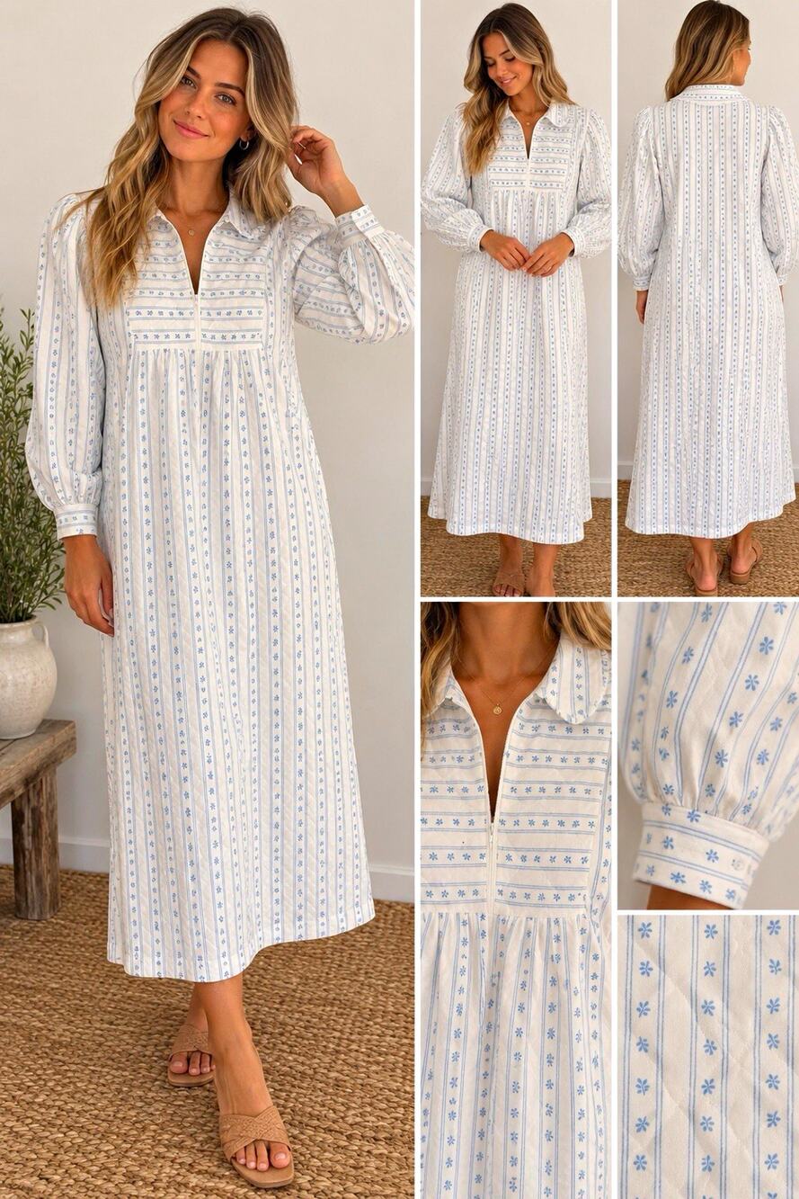 Jennifer Dale Formios Vintage 1960s Cotton Zip Nightgown 10 White Blue GPU3900